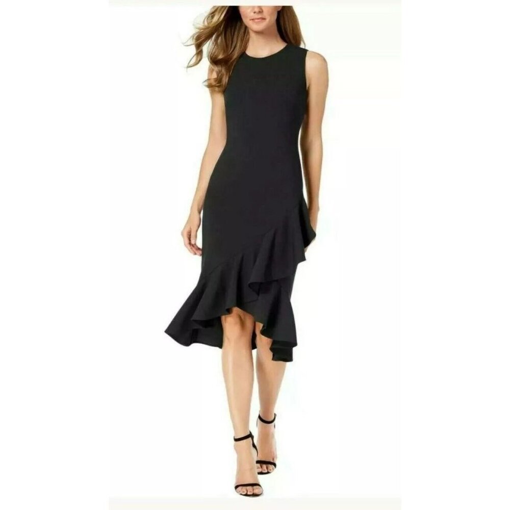 Nwt Calvin Klein Black Ruffle Hem Midi Dress $134